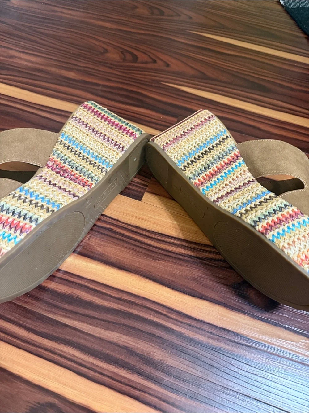 Indigo Tan Suede-Look Slide Mules with Floral Trim
